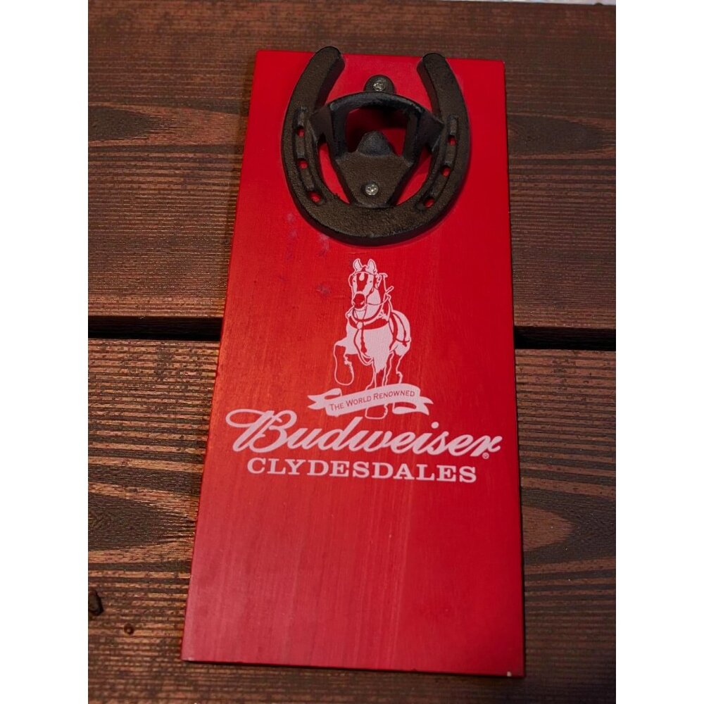 Budweiser Clydesdales Wall-Mounted Bottle Opener With Horseshoe Design On Red Wo